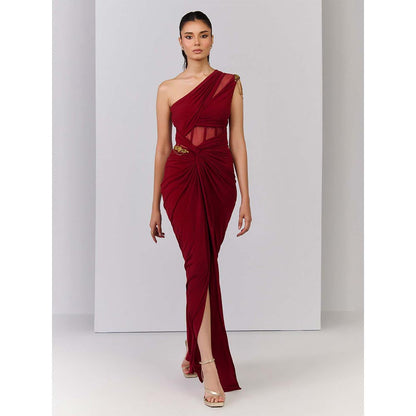 S&N by Shantnu Nikhil Red One Shoulder Corset Mesh Gown
