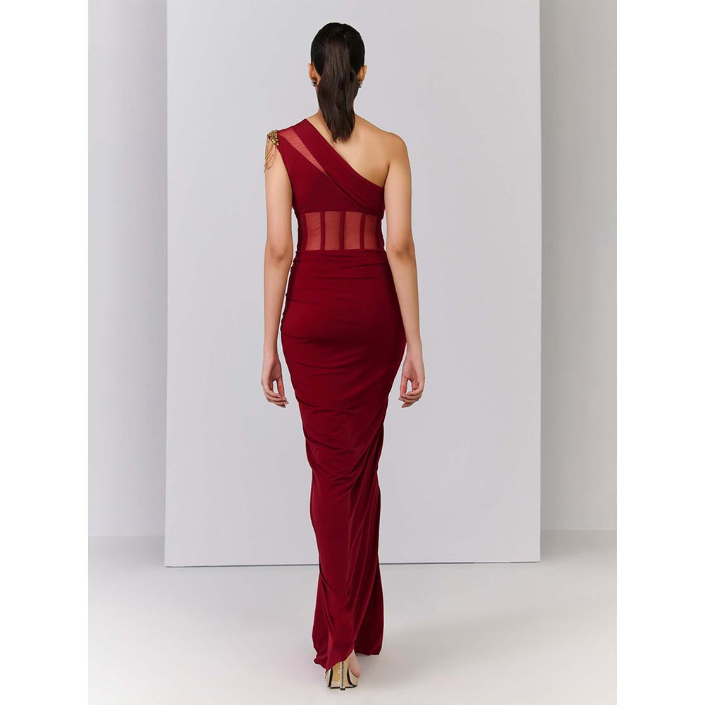 S&N by Shantnu Nikhil Red One Shoulder Corset Mesh Gown