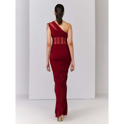 S&N by Shantnu Nikhil Red One Shoulder Corset Mesh Gown