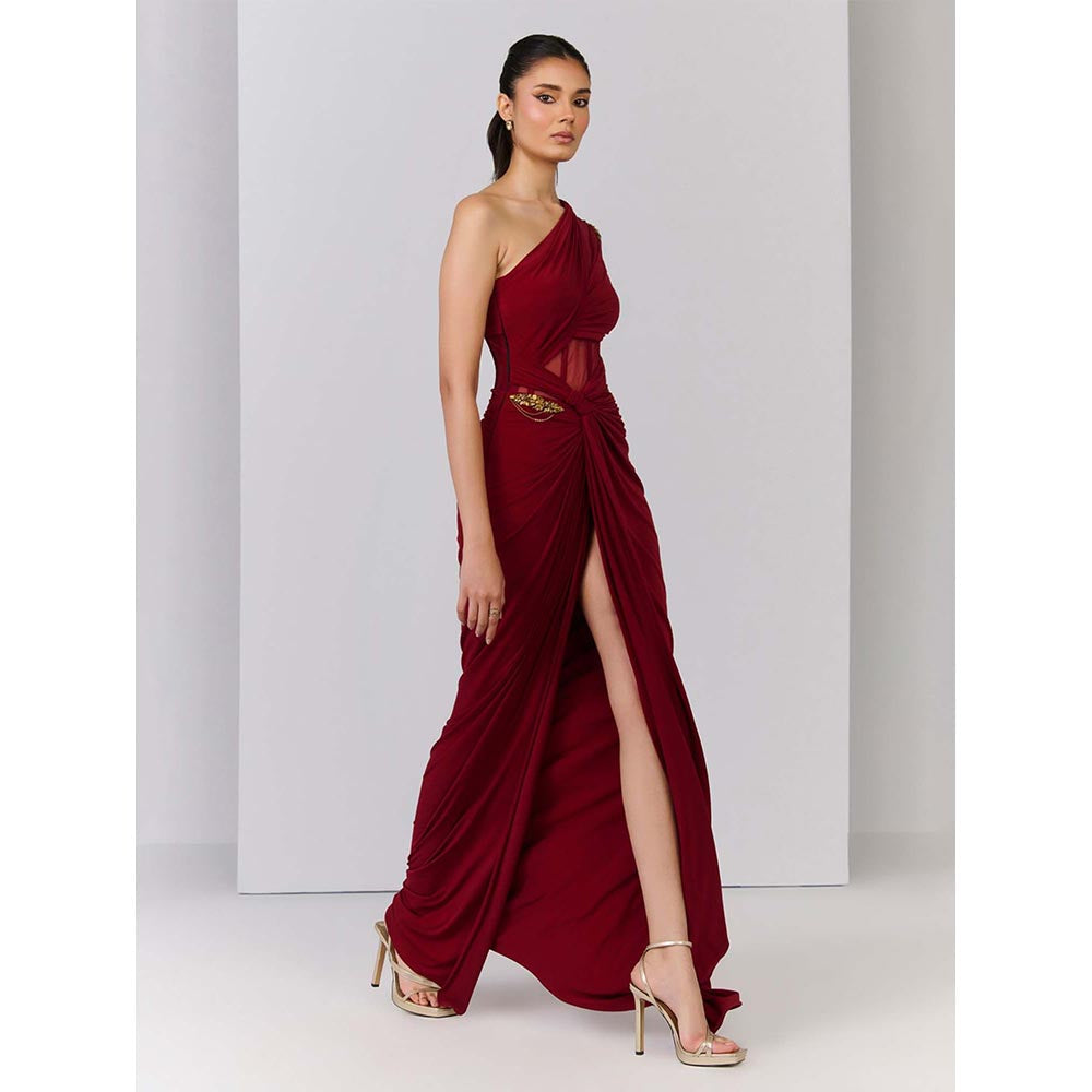 S&N by Shantnu Nikhil Red One Shoulder Corset Mesh Gown
