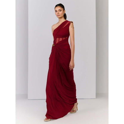 S&N by Shantnu Nikhil Red One Shoulder Corset Mesh Gown