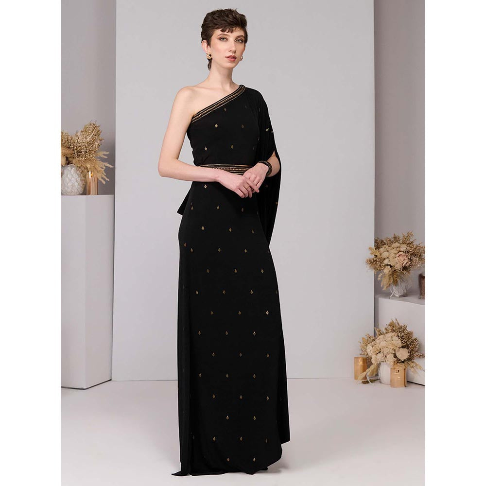 S&N by Shantnu Nikhil Black Adamas Printed One-Shoulder Dress with Belt