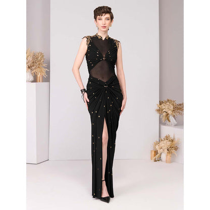 S&N by Shantnu Nikhil Black Adamas Printed Draped Gown