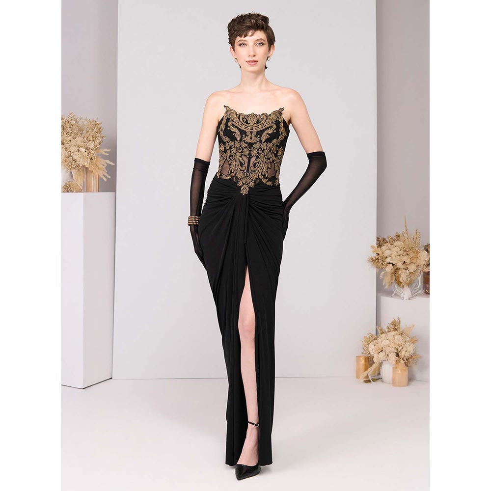 S&N by Shantnu Nikhil Black Applique Corset Gown