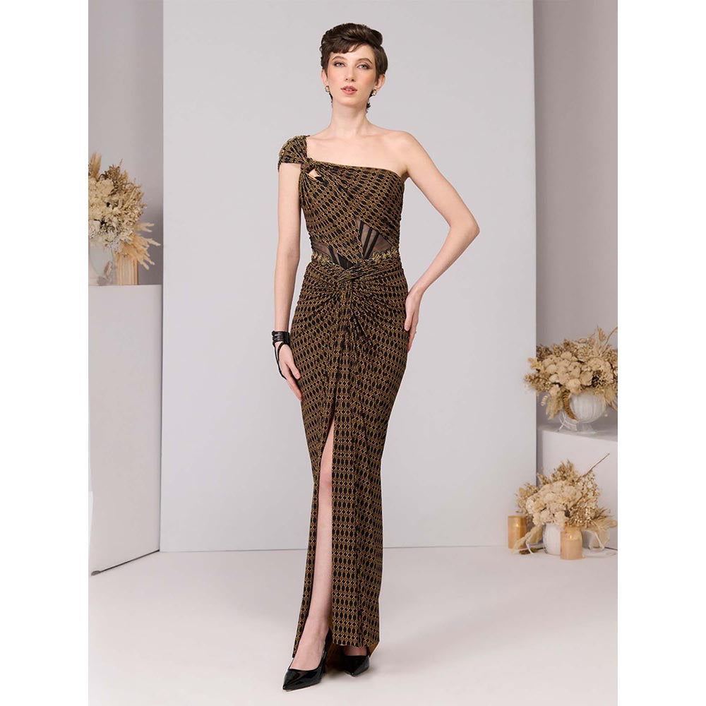 S&N by Shantnu Nikhil Brown Adamas Printed One-Shoulder Gown