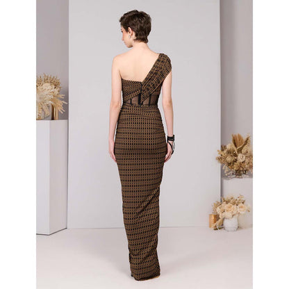 S&N by Shantnu Nikhil Brown Adamas Printed One-Shoulder Gown