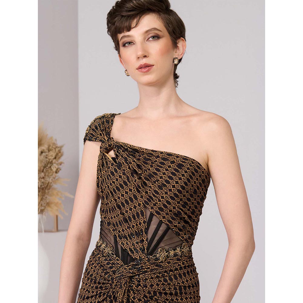 S&N by Shantnu Nikhil Brown Adamas Printed One-Shoulder Gown