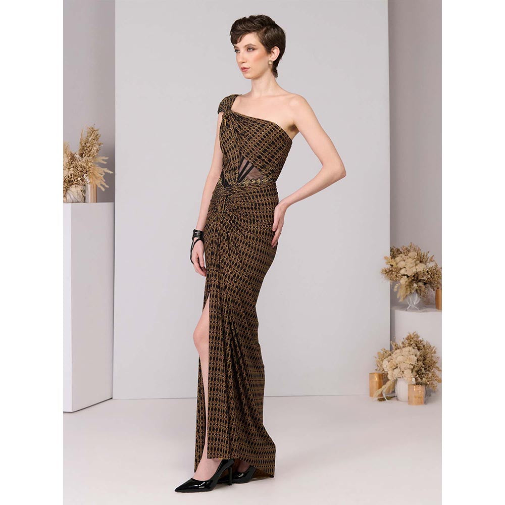 S&N by Shantnu Nikhil Brown Adamas Printed One-Shoulder Gown