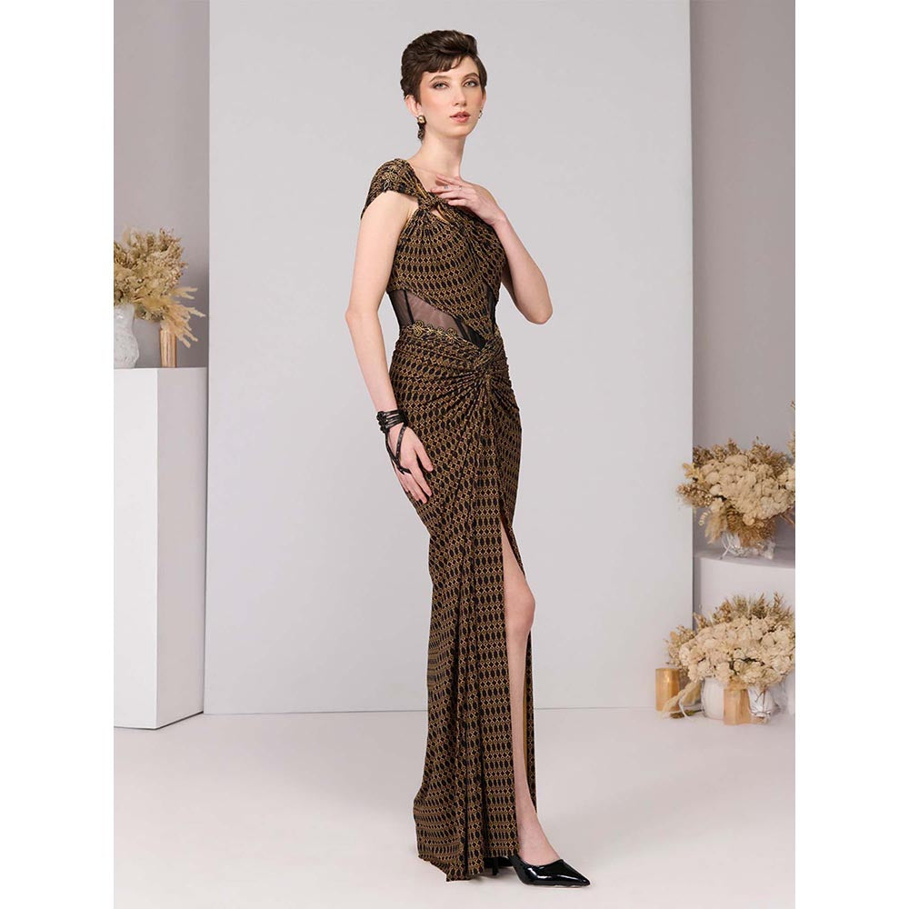 S&N by Shantnu Nikhil Brown Adamas Printed One-Shoulder Gown