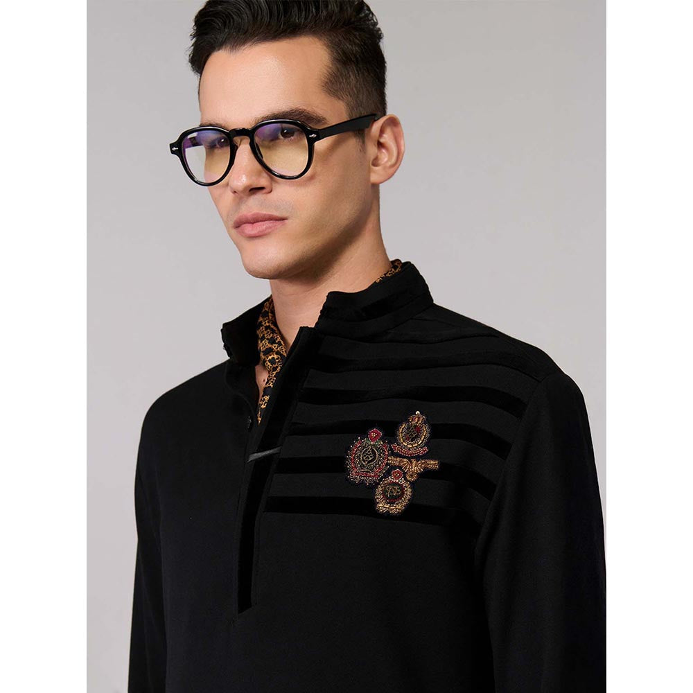 S&N by Shantnu Nikhil Black Kurta with Velvet Engraved Panel