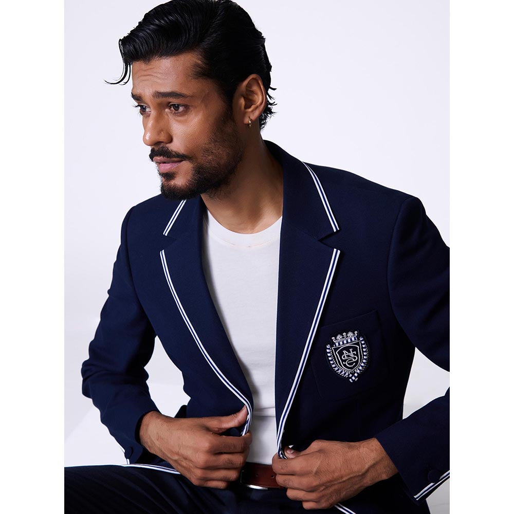 S&N by Shantnu Nikhil Navy Blue Viscose Rayon Full Sleeves Blazer