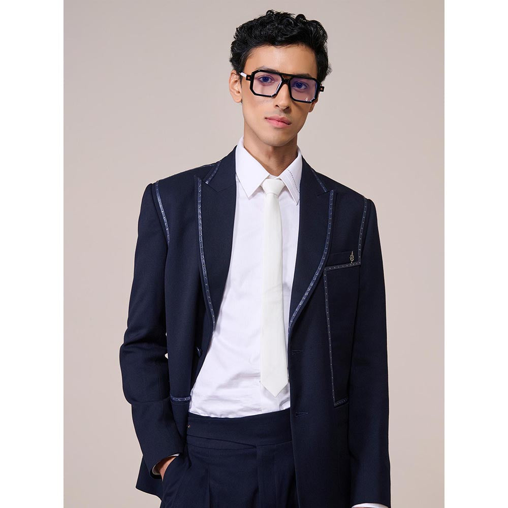S&N by Shantnu Nikhil Navy Blue Terry Rayon Blend Full Sleeves Blazer