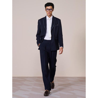 S&N by Shantnu Nikhil Navy Blue Terry Rayon Blend Full Sleeves Blazer