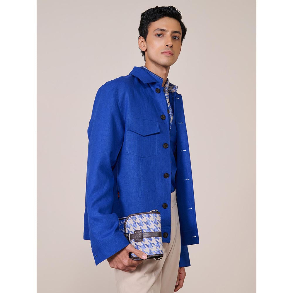 S&N by Shantnu Nikhil Blue Linen Blend Full Sleeves Jacket