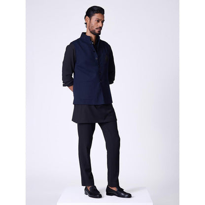 S&N by Shantnu Nikhil Navy Blue Rayon Blend Sleeveless Waistcoat