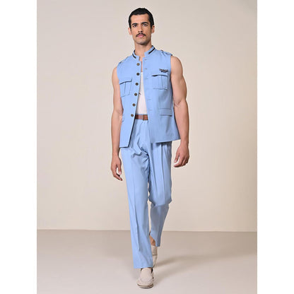 S&N by Shantnu Nikhil Blue Rayon Blend Sleeveless Waistcoat