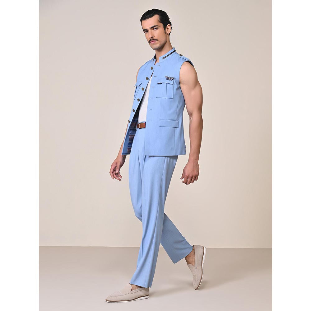 S&N by Shantnu Nikhil Blue Rayon Blend Sleeveless Waistcoat
