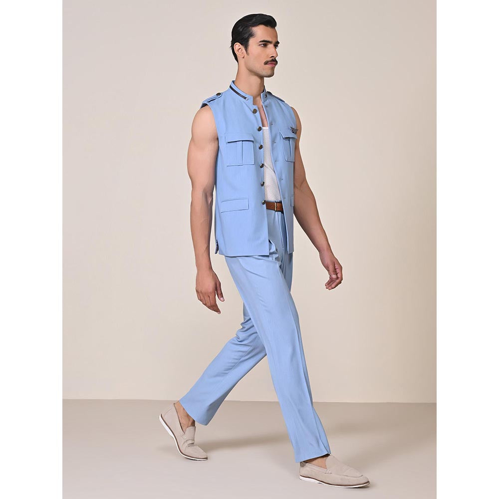 S&N by Shantnu Nikhil Blue Rayon Blend Sleeveless Waistcoat
