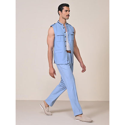 S&N by Shantnu Nikhil Blue Rayon Blend Sleeveless Waistcoat