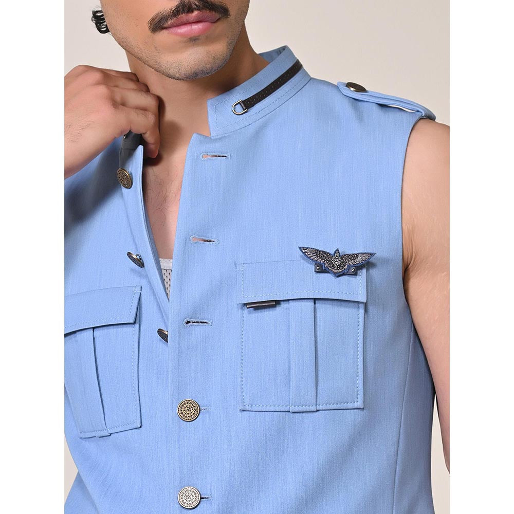 S&N by Shantnu Nikhil Blue Rayon Blend Sleeveless Waistcoat