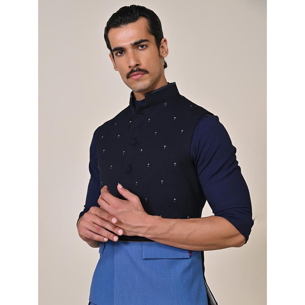 S&N by Shantnu Nikhil Navy Blue Viscose Rayon Sleeveless Waistcoat