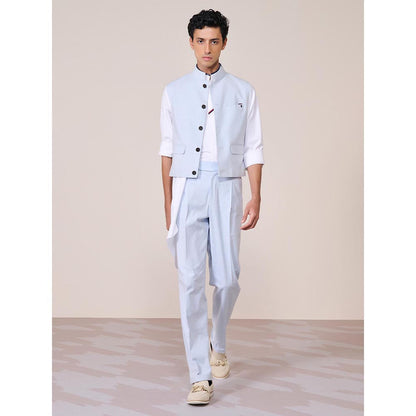 S&N by Shantnu Nikhil Blue Linen Blend Sleeveless Waistcoat