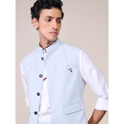 S&N by Shantnu Nikhil Blue Linen Blend Sleeveless Waistcoat