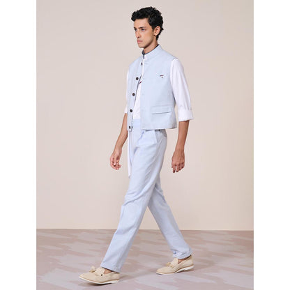 S&N by Shantnu Nikhil Blue Linen Blend Sleeveless Waistcoat