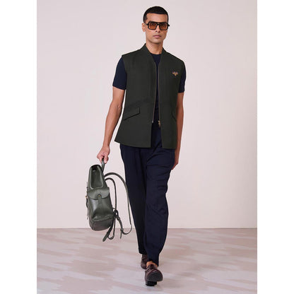 S&N by Shantnu Nikhil Olive Rayon Blend Sleeveless Waistcoat
