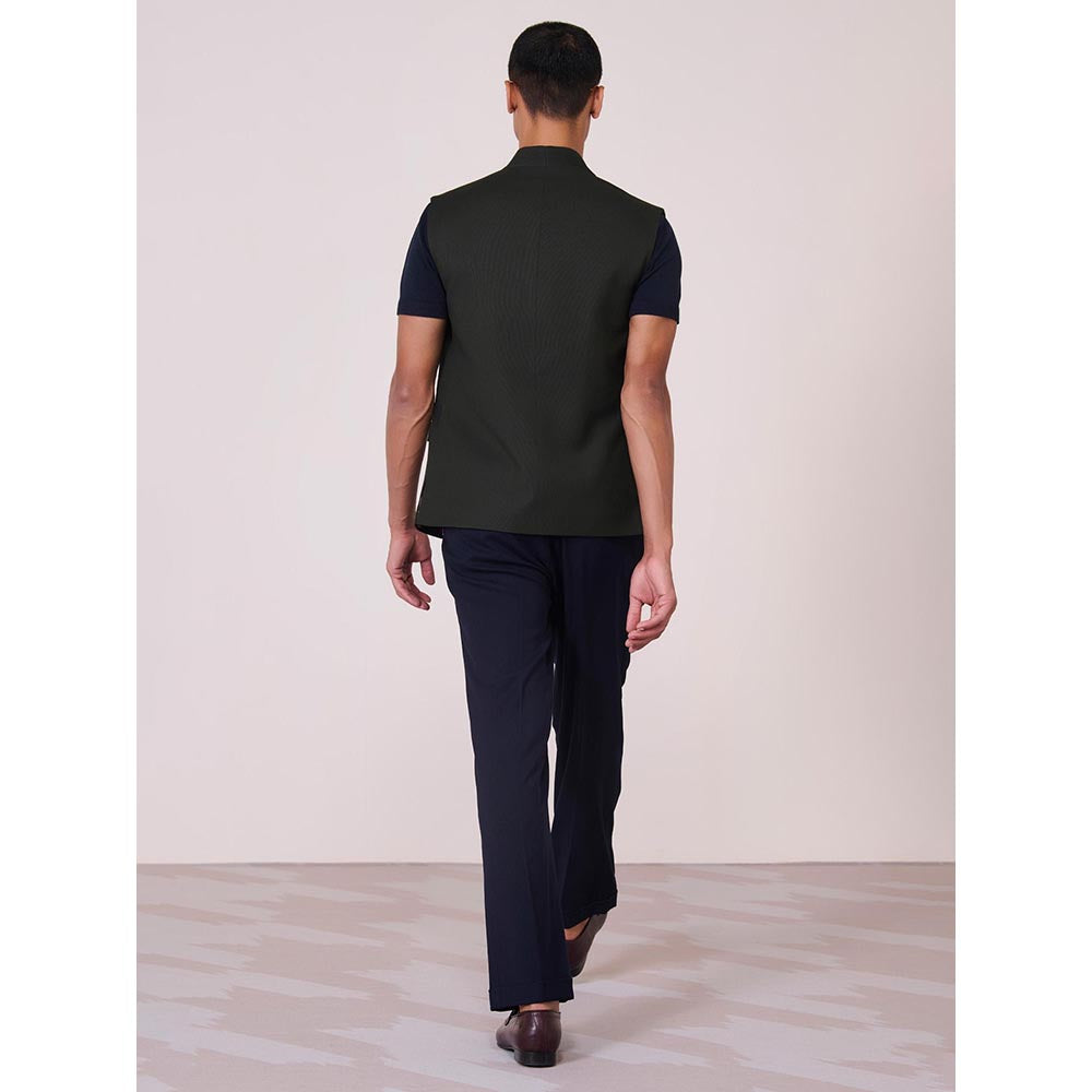 S&N by Shantnu Nikhil Olive Rayon Blend Sleeveless Waistcoat
