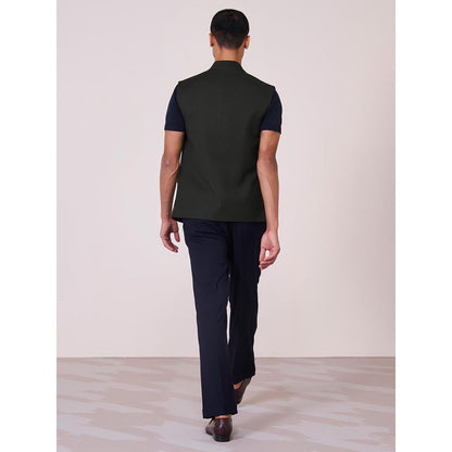 S&N by Shantnu Nikhil Olive Rayon Blend Sleeveless Waistcoat