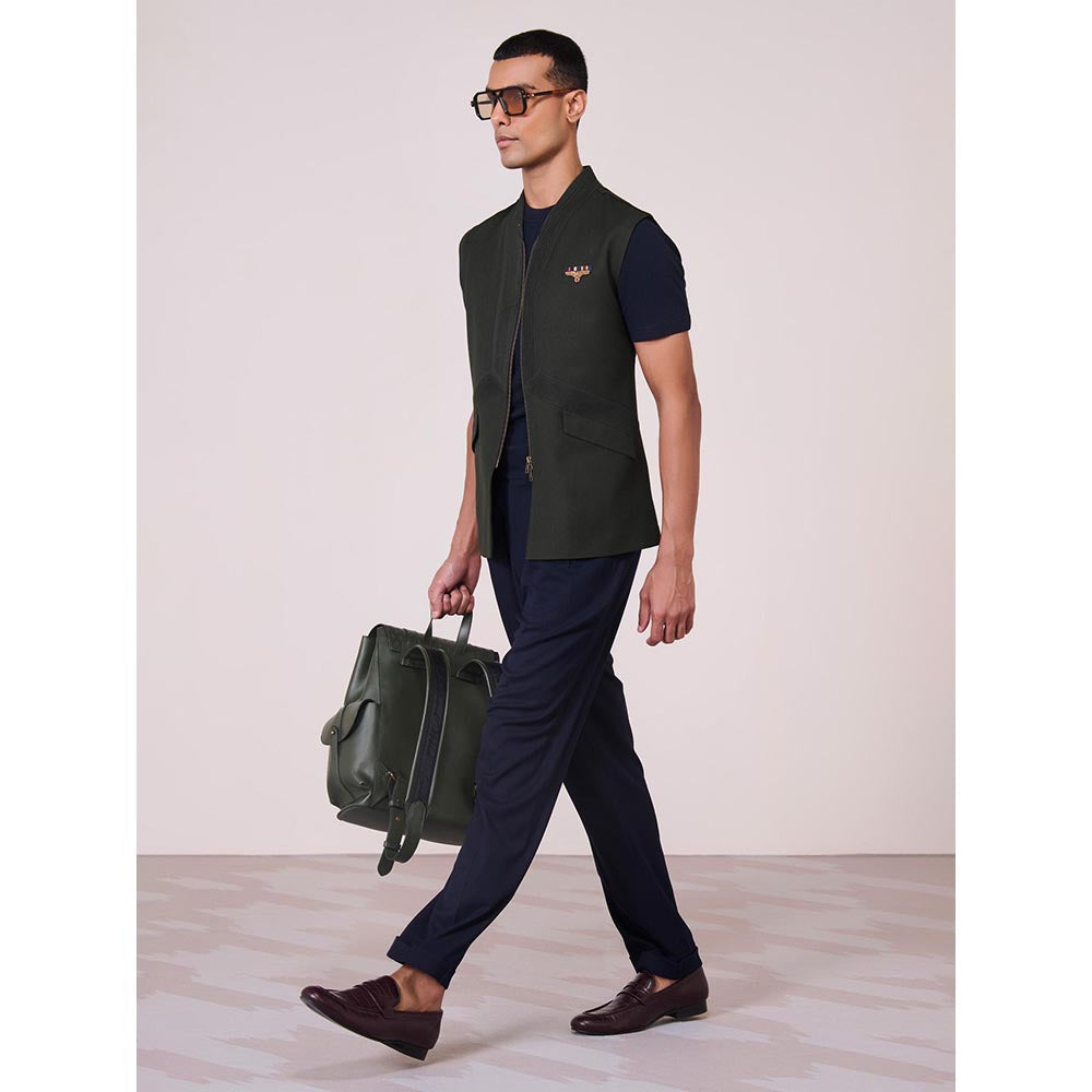 S&N by Shantnu Nikhil Olive Rayon Blend Sleeveless Waistcoat