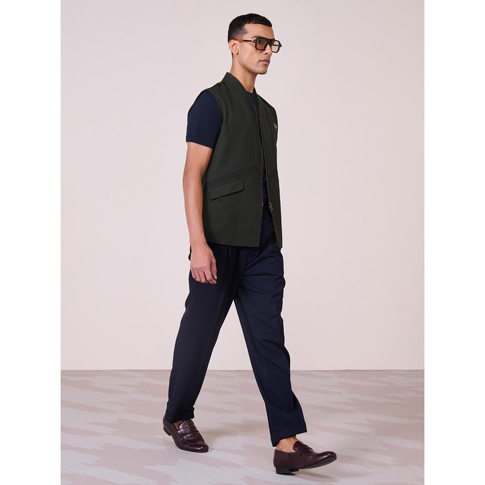 S&N by Shantnu Nikhil Olive Rayon Blend Sleeveless Waistcoat