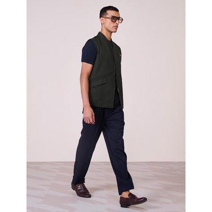 S&N by Shantnu Nikhil Olive Rayon Blend Sleeveless Waistcoat