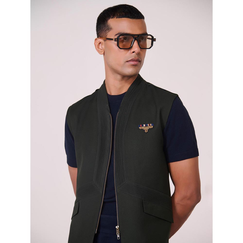 S&N by Shantnu Nikhil Olive Rayon Blend Sleeveless Waistcoat