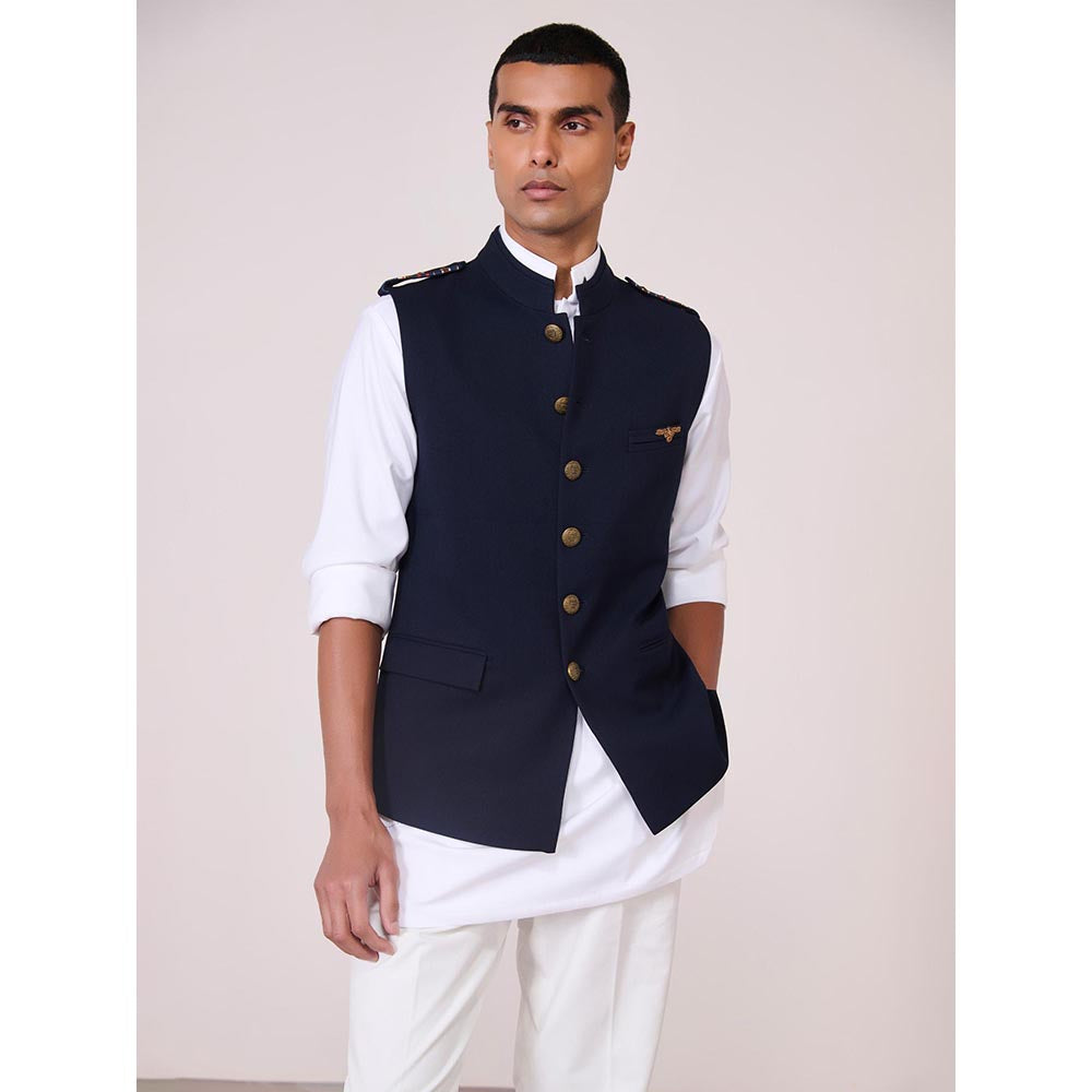 S&N by Shantnu Nikhil Navy Blue Rayon Blend Sleeveless Waistcoat