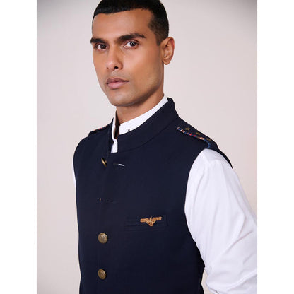 S&N by Shantnu Nikhil Navy Blue Rayon Blend Sleeveless Waistcoat