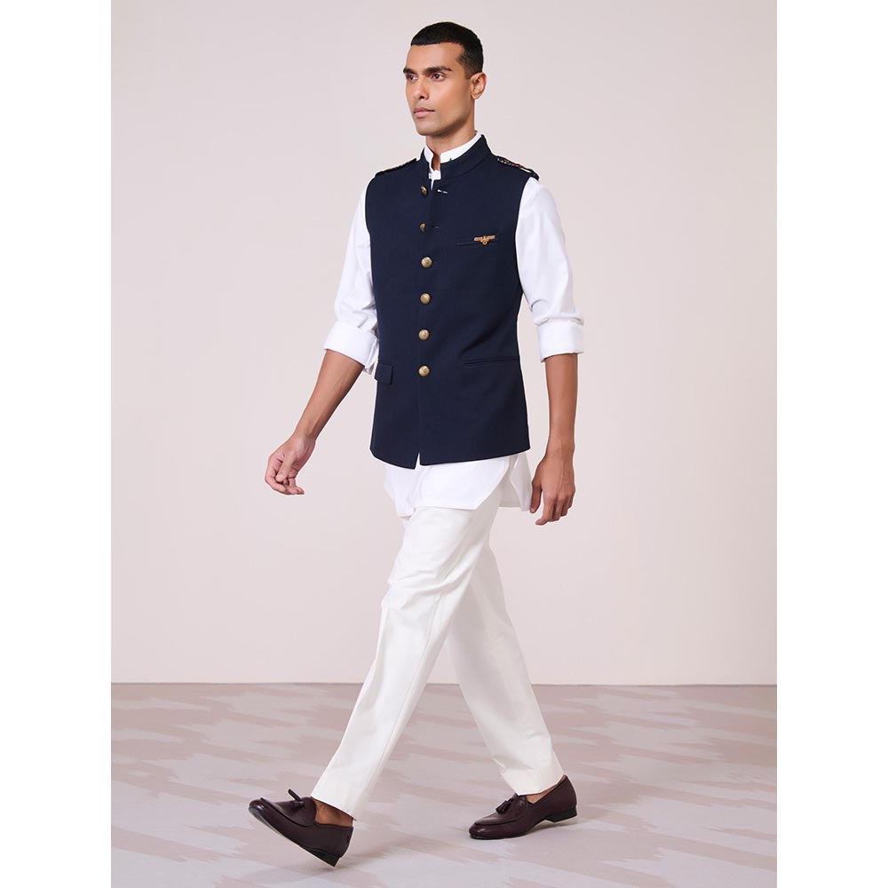S&N by Shantnu Nikhil Navy Blue Rayon Blend Sleeveless Waistcoat