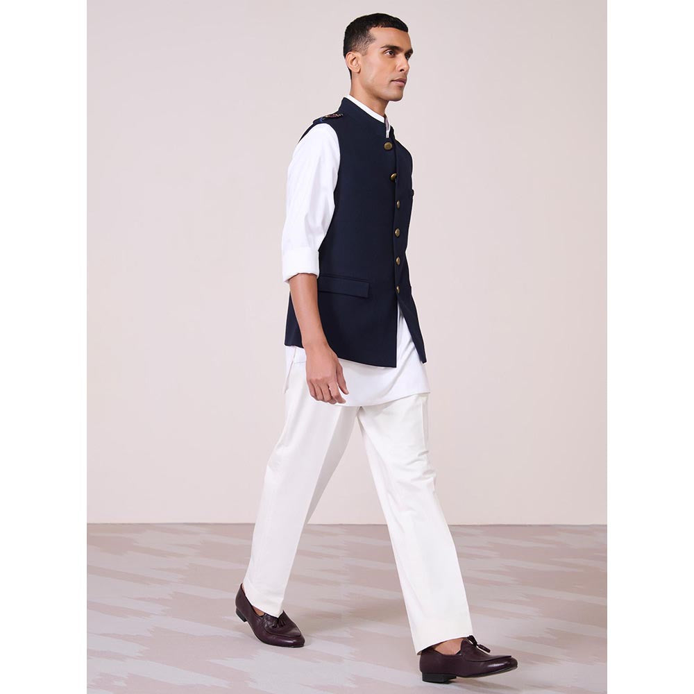 S&N by Shantnu Nikhil Navy Blue Rayon Blend Sleeveless Waistcoat
