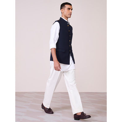 S&N by Shantnu Nikhil Navy Blue Rayon Blend Sleeveless Waistcoat