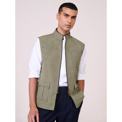 S&N by Shantnu Nikhil Green Lyocell Blend Sleeveless Waistcoat