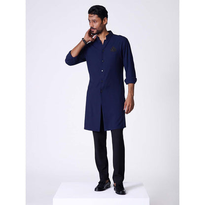 S&N by Shantnu Nikhil Navy Embroidered Crest Shirt Kurta