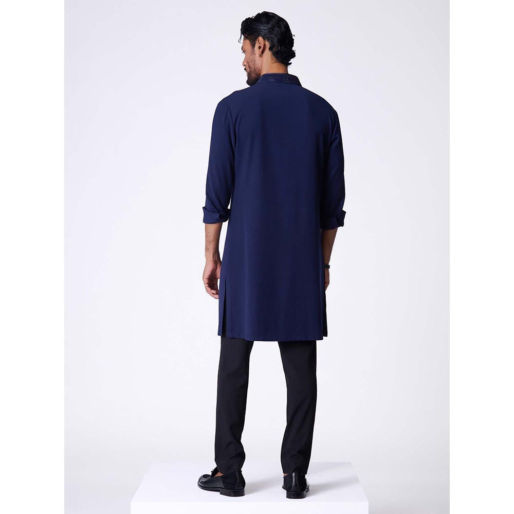 S&N by Shantnu Nikhil Navy Embroidered Crest Shirt Kurta