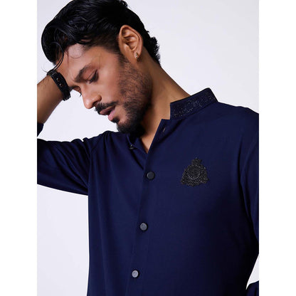 S&N by Shantnu Nikhil Navy Embroidered Crest Shirt Kurta