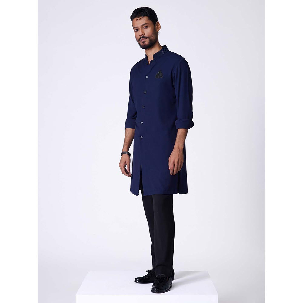 S&N by Shantnu Nikhil Navy Embroidered Crest Shirt Kurta