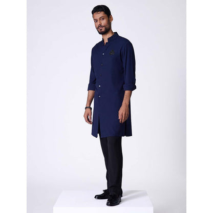 S&N by Shantnu Nikhil Navy Embroidered Crest Shirt Kurta