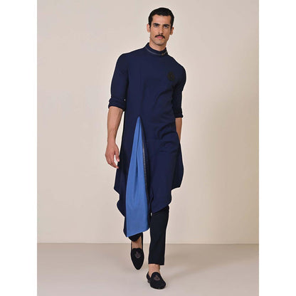 S&N by Shantnu Nikhil Navy Asymmetrical Crest Embroidered Kurta