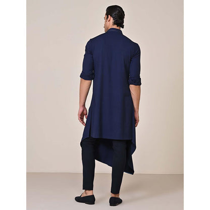 S&N by Shantnu Nikhil Navy Asymmetrical Crest Embroidered Kurta