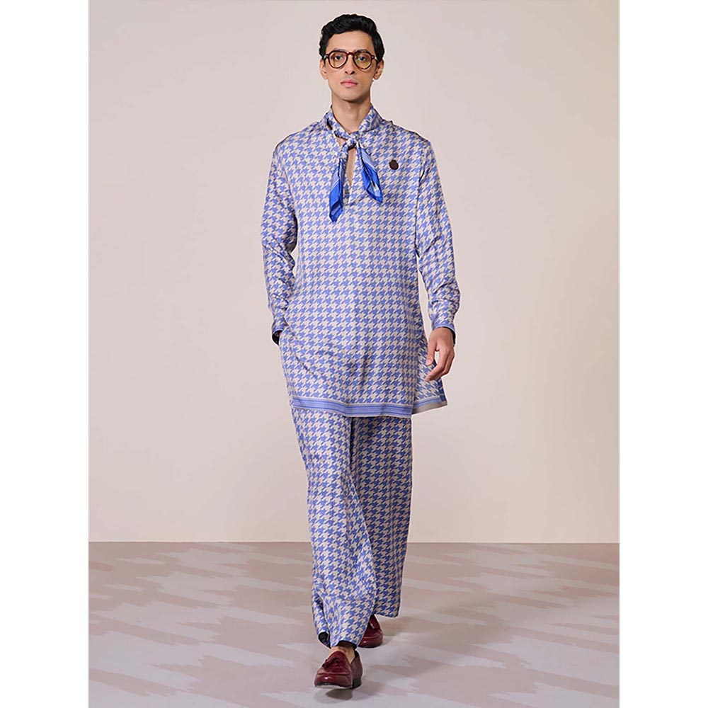S&N by Shantnu Nikhil Blue Houndstooth Silk Twill Kurta