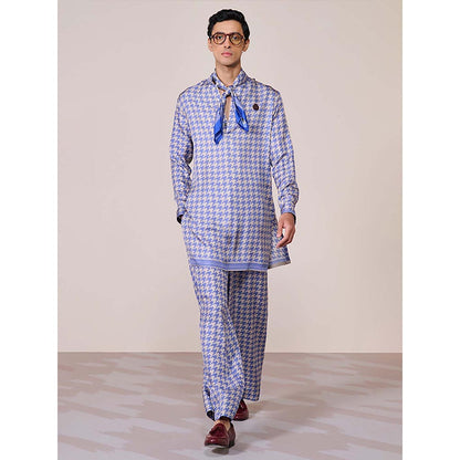 S&N by Shantnu Nikhil Blue Houndstooth Silk Twill Kurta